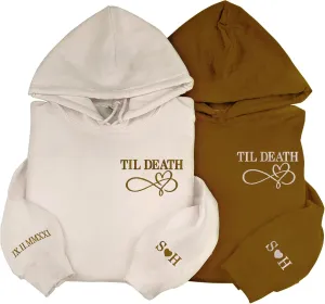 Custom Embroidered Roman Numeral Date Hoodies, Crew Sweatshirt Sweaters For Couple, Initials On Sleeve Hoodies Couple, Wedding Day Anniversary Lovers, Till Death Couple Matching Hoodies Christmas