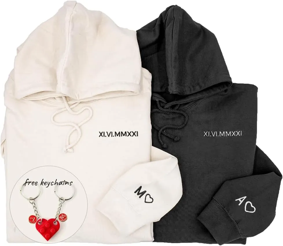 Custom Embroidered Roman Numeral Hoodies, Matching Hoodies For Couples, Custom Hoodies For Boyfriend With Initial Heart, Personalized Valentines Gifts