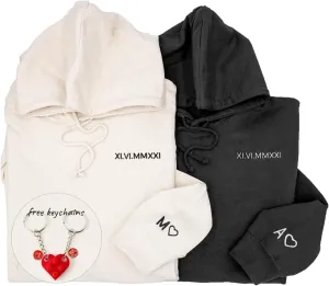 Custom Embroidered Roman Numeral Hoodies, Matching Hoodies For Couples, Custom Hoodies For Boyfriend With Initial Heart, Personalized Valentines Gifts