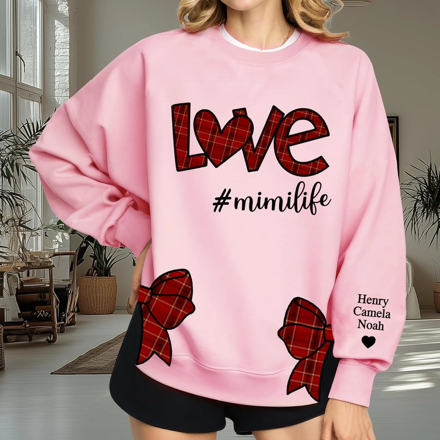 Custom Grandma Sweatshirt Embroidered, Side Slit Bow Grandma Life Sweater, Kids Names Sleeve, Christmas