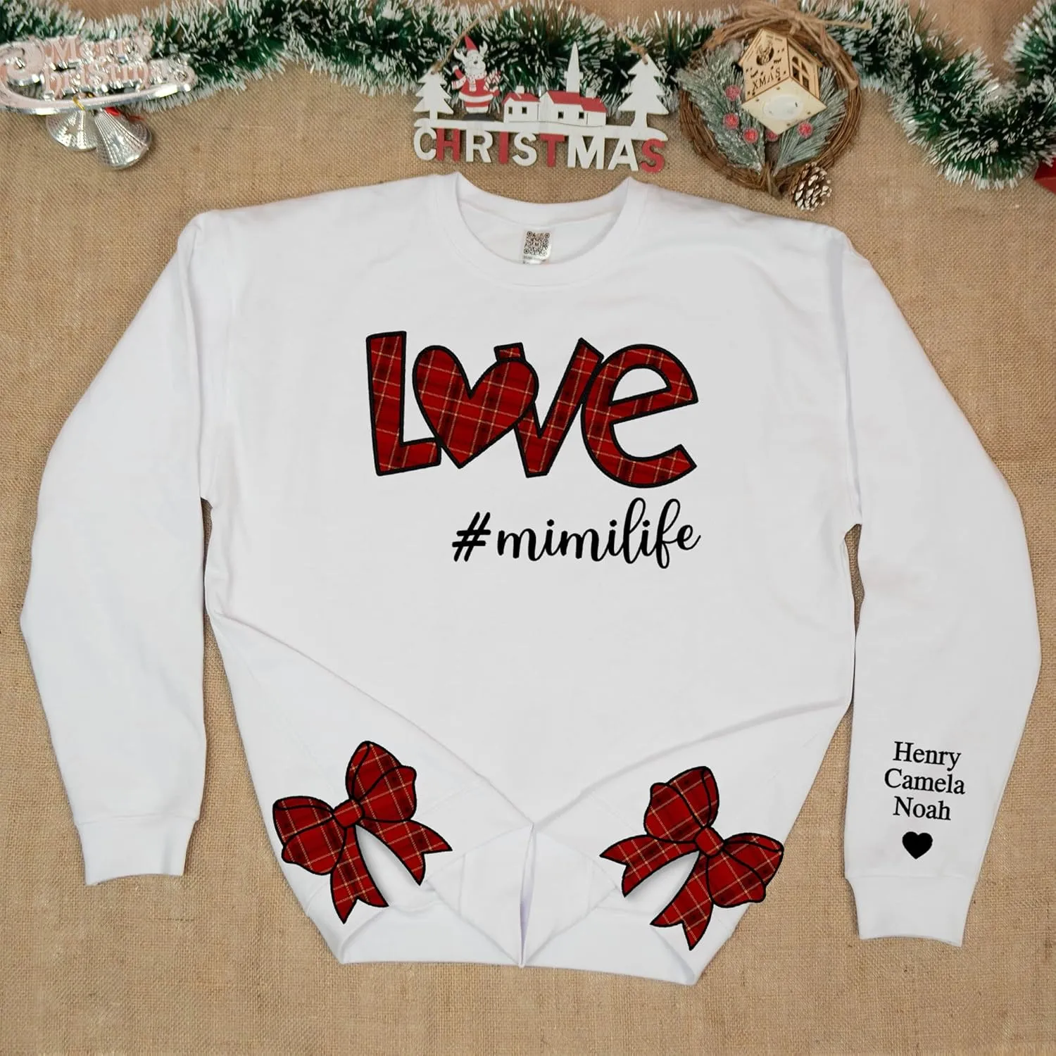 Custom Grandma Sweatshirt Embroidered, Side Slit Bow Grandma Life Sweater, Kids Names Sleeve, Christmas