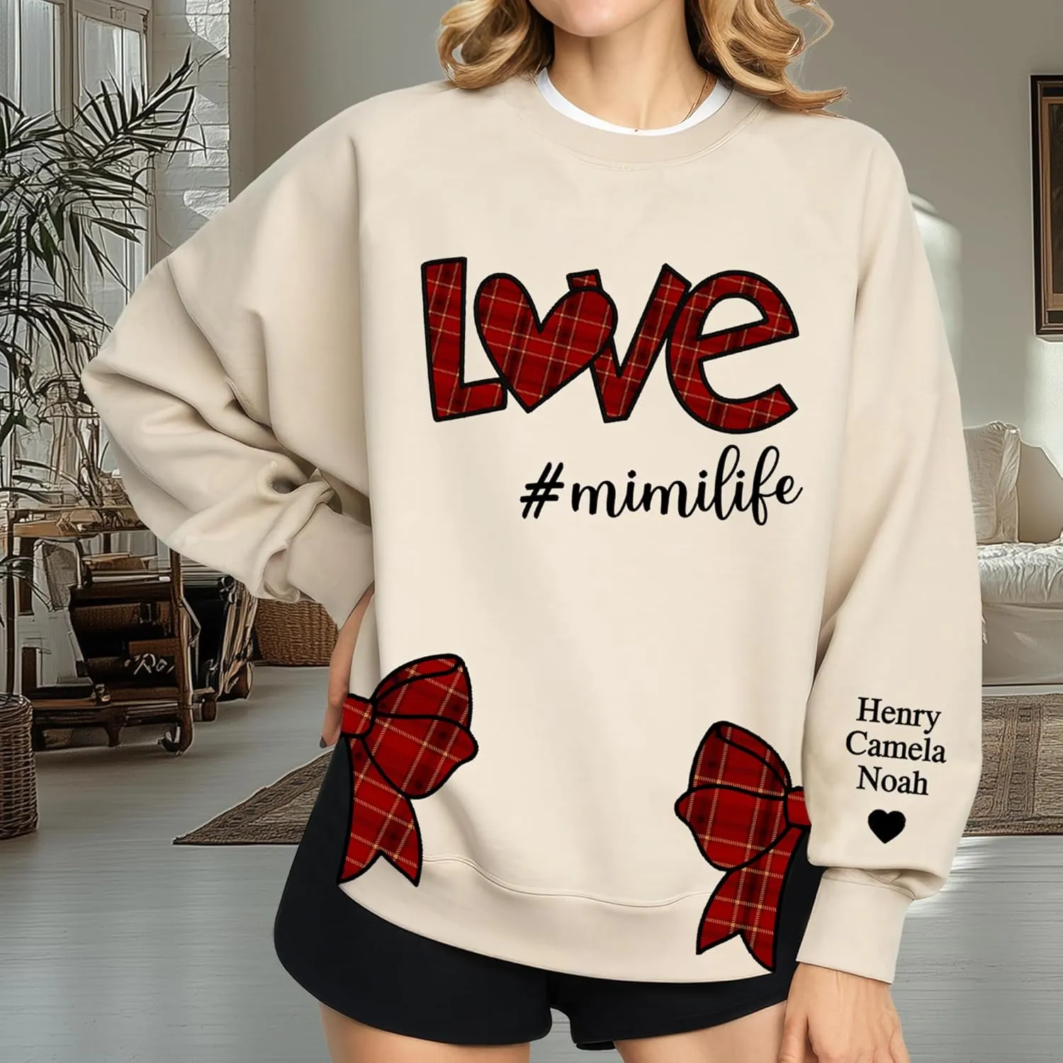 Custom Grandma Sweatshirt Embroidered, Side Slit Bow Grandma Life Sweater, Kids Names Sleeve, Christmas