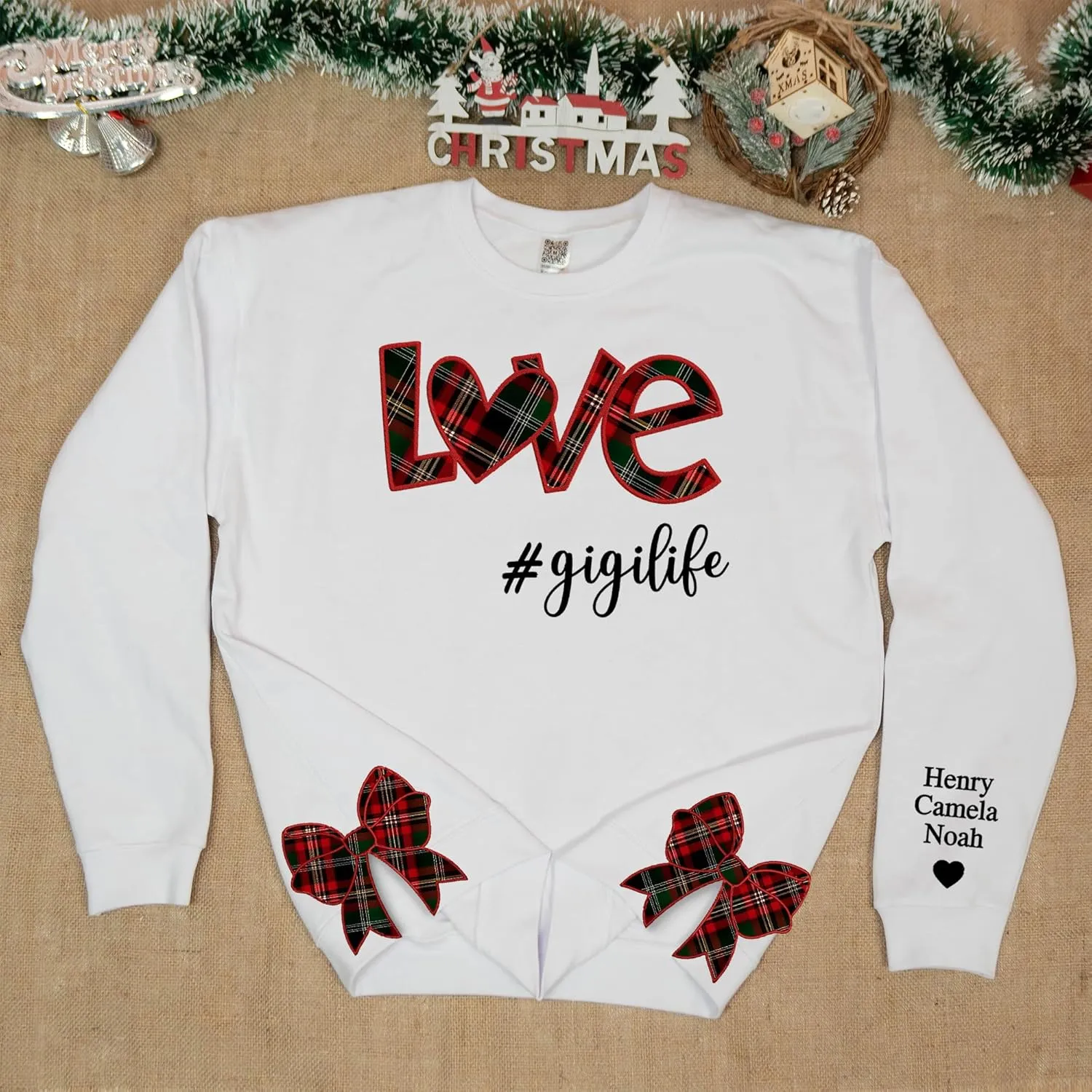 Custom Grandma Sweatshirt Embroidered, Side Slit Bow Grandma Life Sweater, Kids Names Sleeve, Christmas