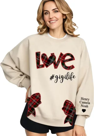 Custom Grandma Sweatshirt Embroidered, Side Slit Bow Grandma Life Sweater, Kids Names Sleeve, Christmas