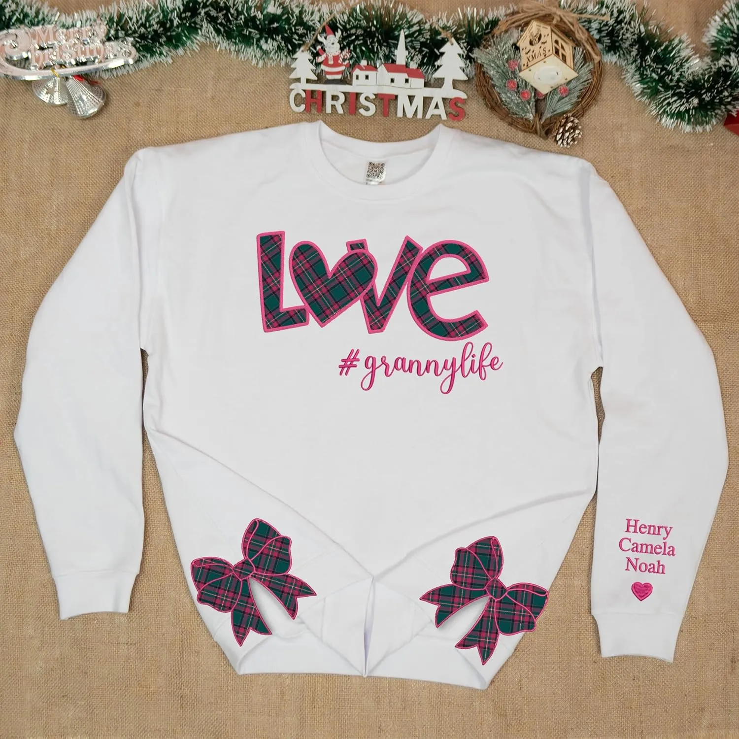Custom Grandma Sweatshirt Embroidered, Side Slit Bow Grandma Life Sweater, Kids Names Sleeve, Christmas