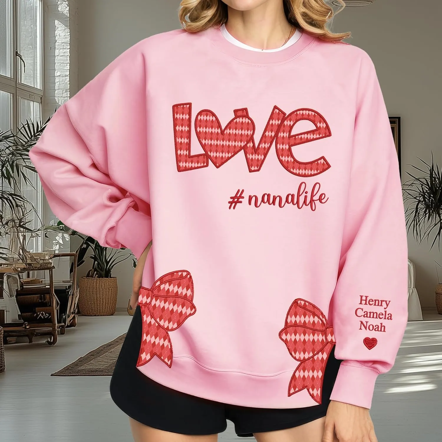 Custom Grandma Sweatshirt Embroidered, Side Slit Bow Grandma Life Sweater, Kids Names Sleeve, Christmas