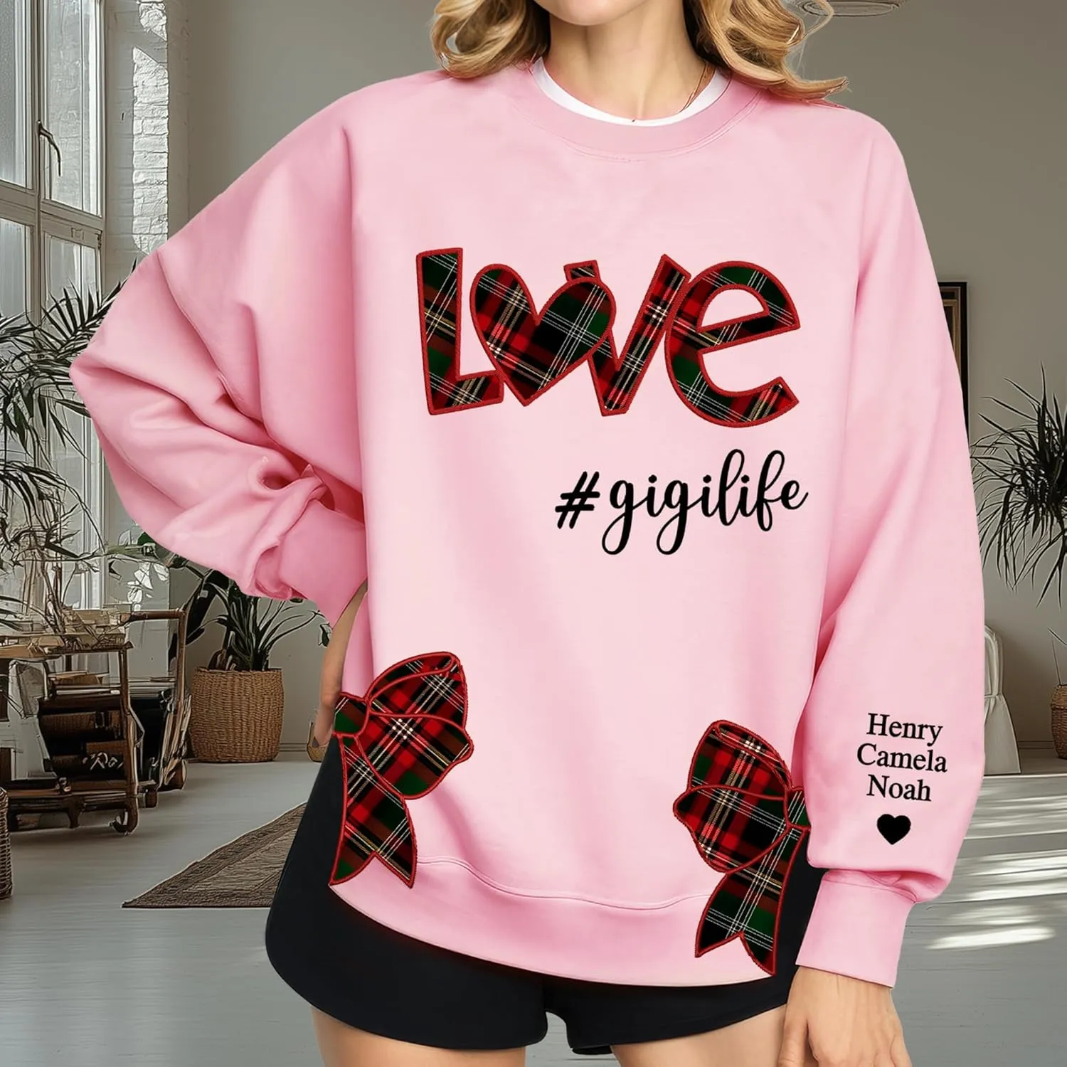 Custom Grandma Sweatshirt Embroidered, Side Slit Bow Grandma Life Sweater, Kids Names Sleeve, Christmas