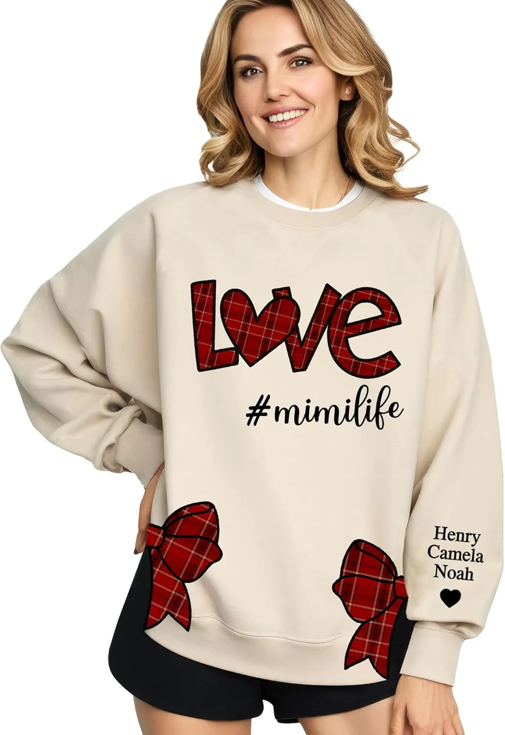 Custom Grandma Sweatshirt Embroidered, Side Slit Bow Grandma Life Sweater, Kids Names Sleeve, Christmas