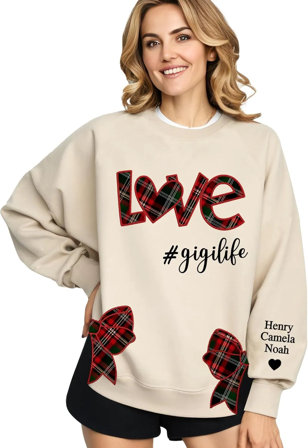 Custom Grandma Sweatshirt Embroidered, Side Slit Bow Grandma Life Sweater, Kids Names Sleeve, Christmas