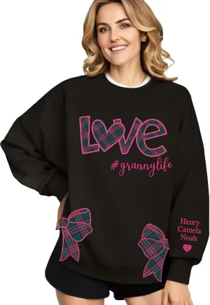 Custom Grandma Sweatshirt Embroidered, Side Slit Bow Grandma Life Sweater, Kids Names Sleeve, Christmas