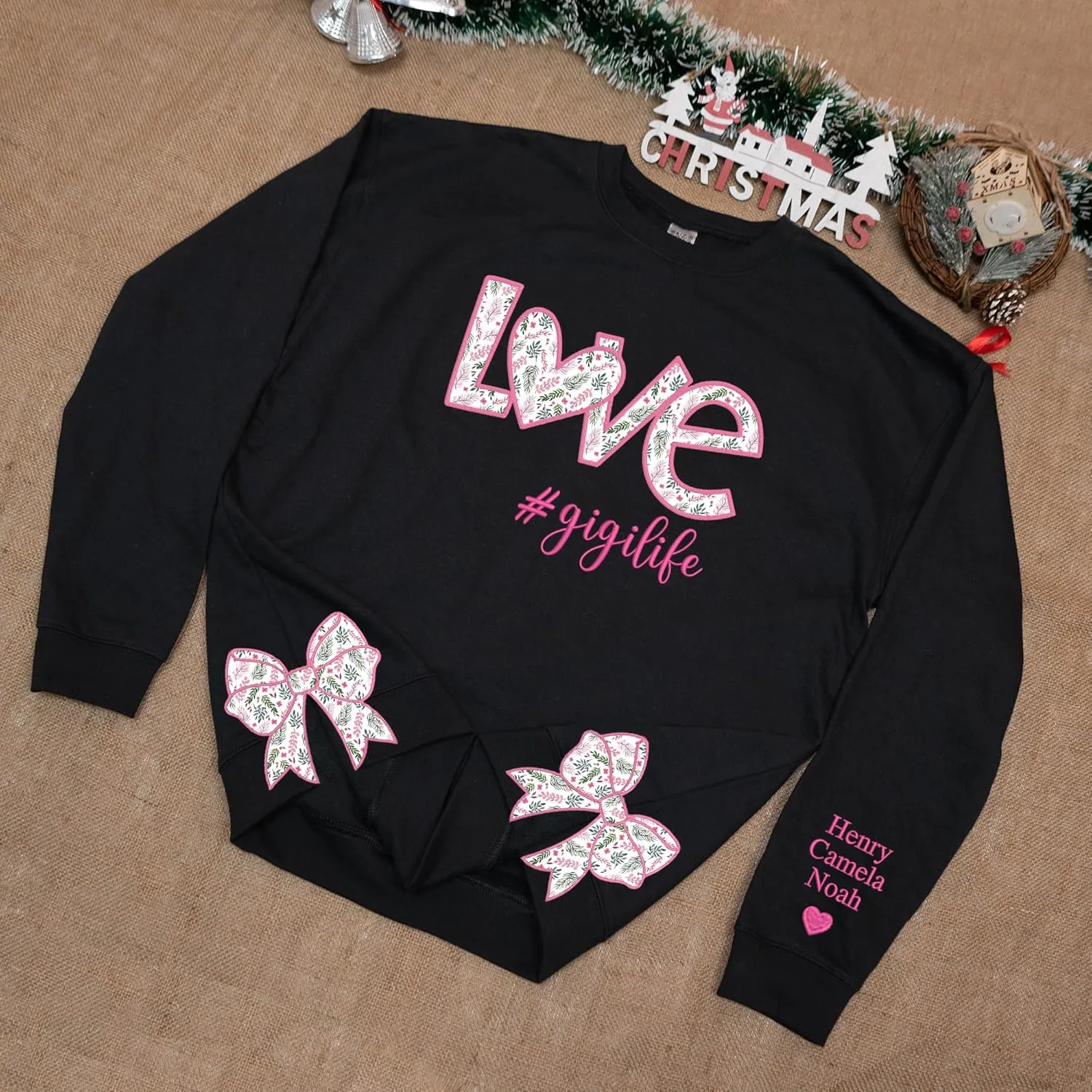 Custom Grandma Sweatshirt Embroidered, Side Slit Bow Grandma Life Sweater, Kids Names Sleeve, Christmas