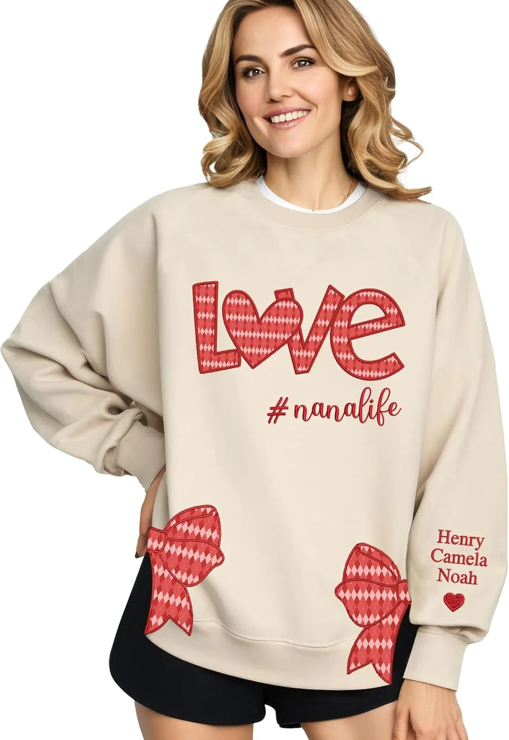Custom Grandma Sweatshirt Embroidered, Side Slit Bow Grandma Life Sweater, Kids Names Sleeve, Christmas