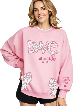 Custom Grandma Sweatshirt Embroidered, Side Slit Bow Grandma Life Sweater, Kids Names Sleeve, Christmas