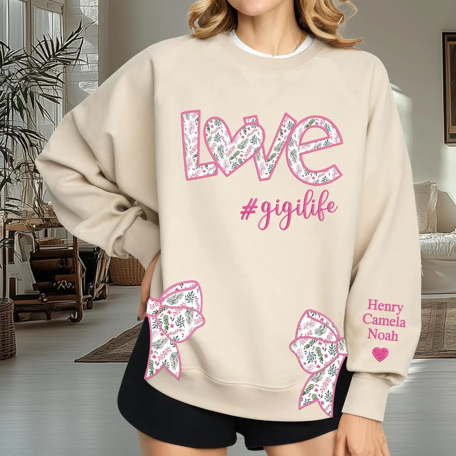Custom Grandma Sweatshirt Embroidered, Side Slit Bow Grandma Life Sweater, Kids Names Sleeve, Christmas