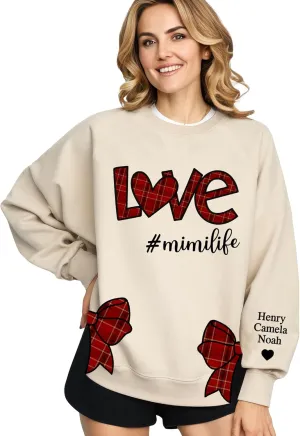 Custom Grandma Sweatshirt Embroidered, Side Slit Bow Grandma Life Sweater, Kids Names Sleeve, Christmas