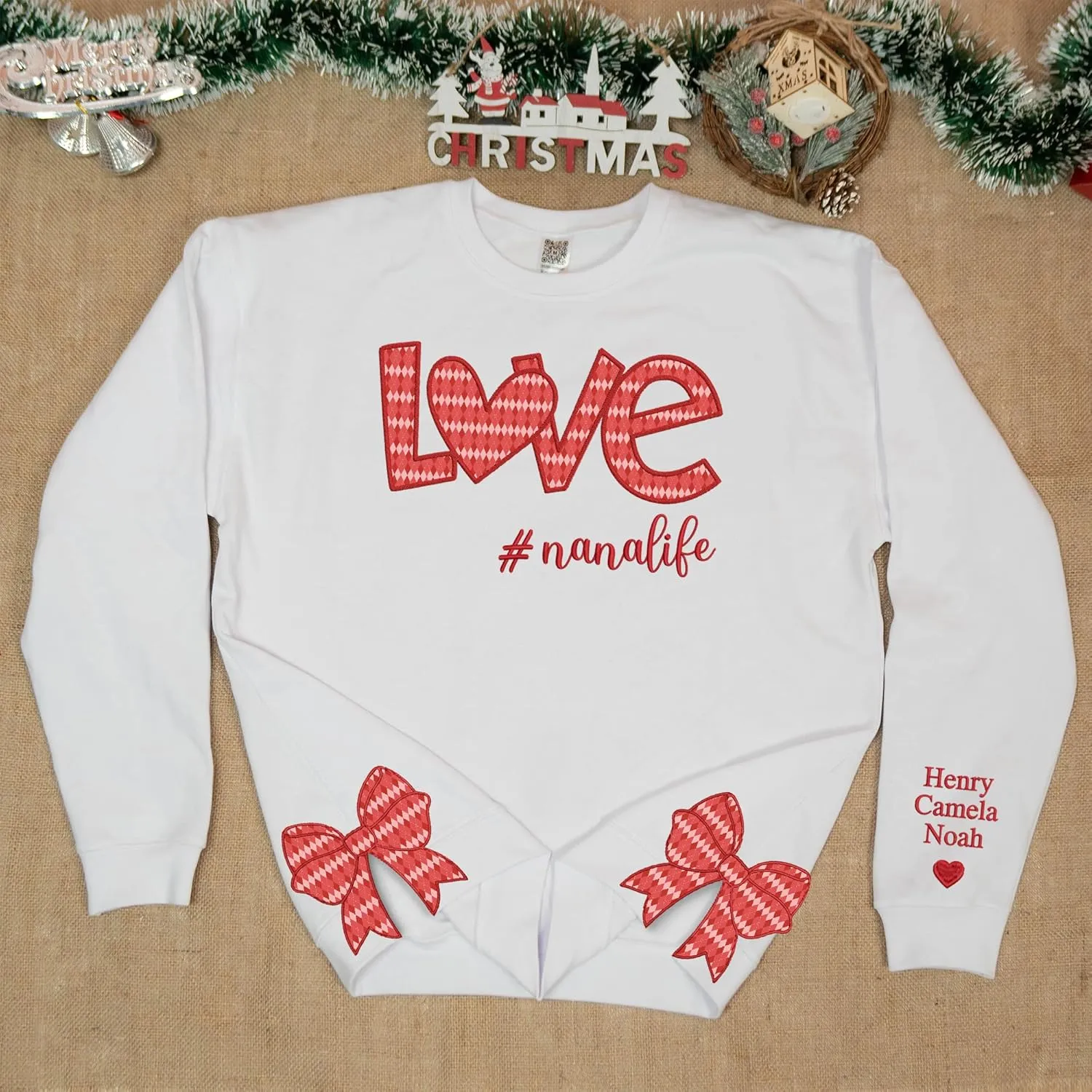 Custom Grandma Sweatshirt Embroidered, Side Slit Bow Grandma Life Sweater, Kids Names Sleeve, Christmas