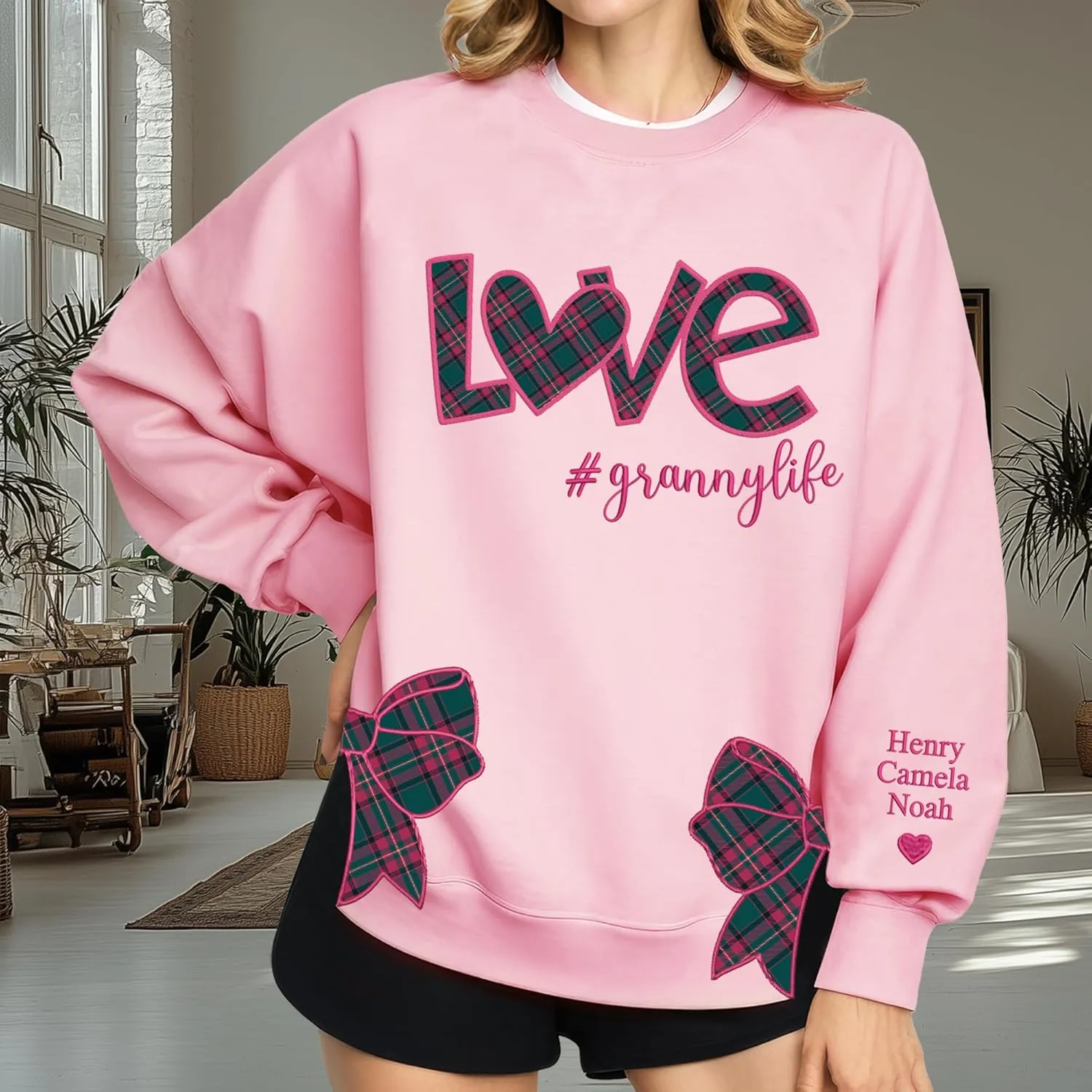 Custom Grandma Sweatshirt Embroidered, Side Slit Bow Grandma Life Sweater, Kids Names Sleeve, Christmas