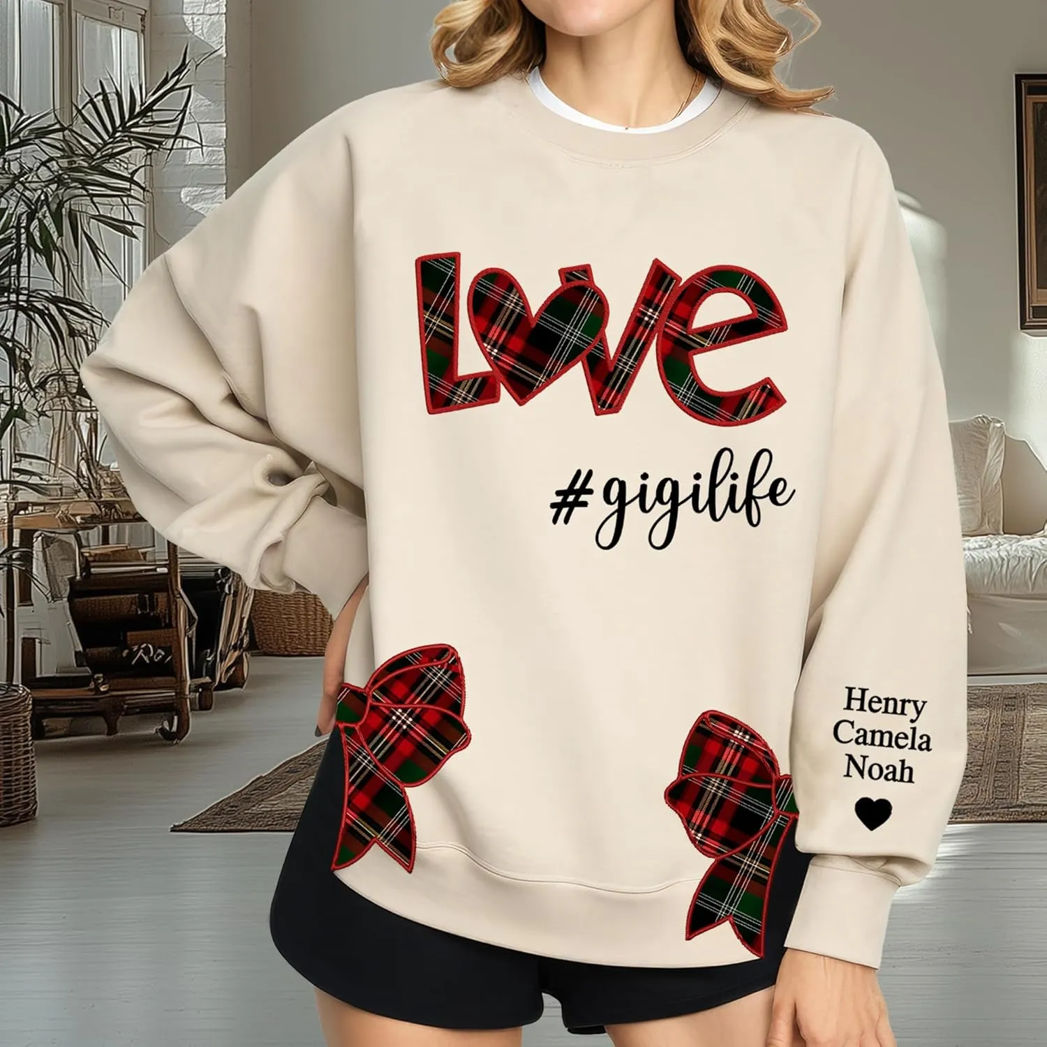 Custom Grandma Sweatshirt Embroidered, Side Slit Bow Grandma Life Sweater, Kids Names Sleeve, Christmas