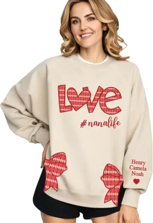 Custom Grandma Sweatshirt Embroidered, Side Slit Bow Grandma Life Sweater, Kids Names Sleeve, Christmas