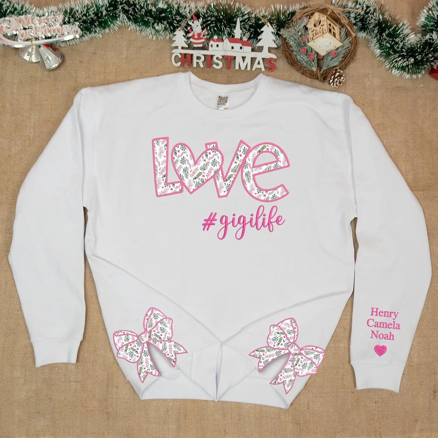 Custom Grandma Sweatshirt Embroidered, Side Slit Bow Grandma Life Sweater, Kids Names Sleeve, Christmas