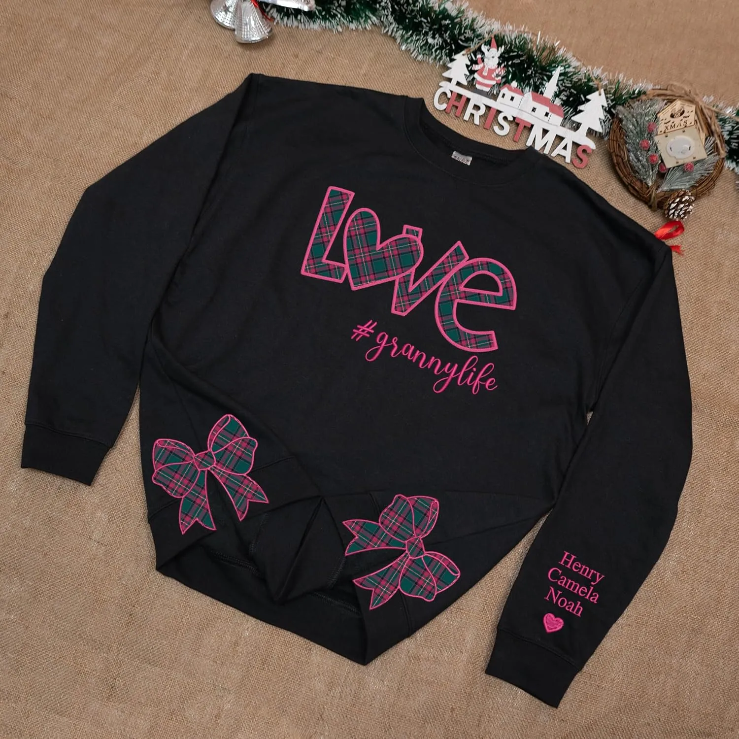Custom Grandma Sweatshirt Embroidered, Side Slit Bow Grandma Life Sweater, Kids Names Sleeve, Christmas