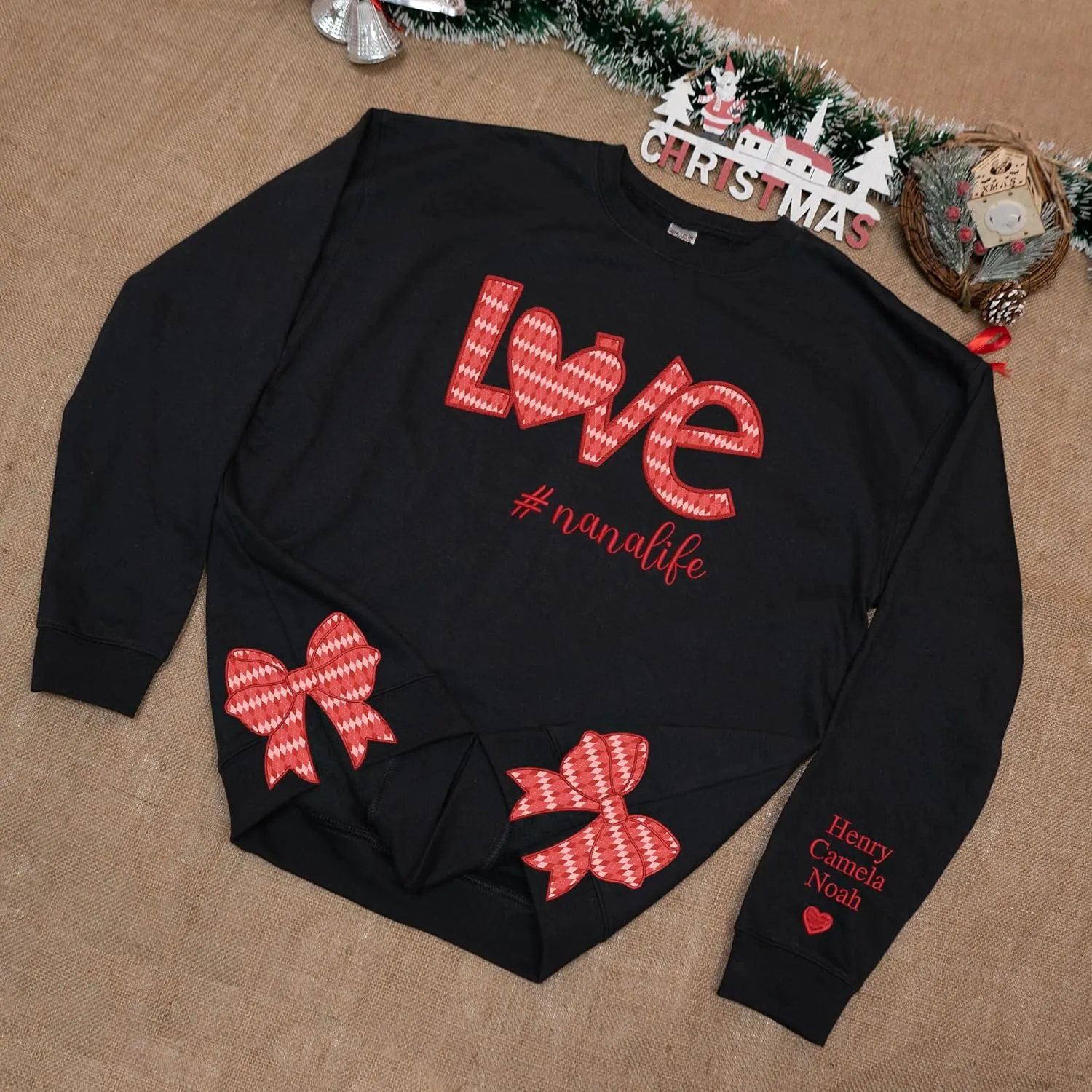 Custom Grandma Sweatshirt Embroidered, Side Slit Bow Grandma Life Sweater, Kids Names Sleeve, Christmas