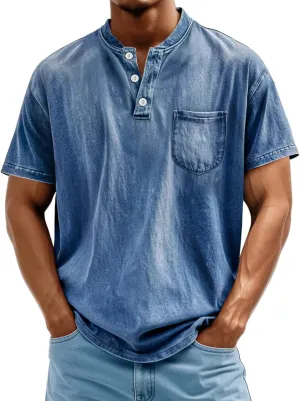 Distressed Henley Shirts for Men Acid Washed Oversized T Shirts Short Sleeve Summer Tops Stylish Vintage Plain Tees
