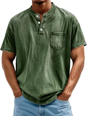 Distressed Henley Shirts for Men Acid Washed Oversized T Shirts Short Sleeve Summer Tops Stylish Vintage Plain Tees