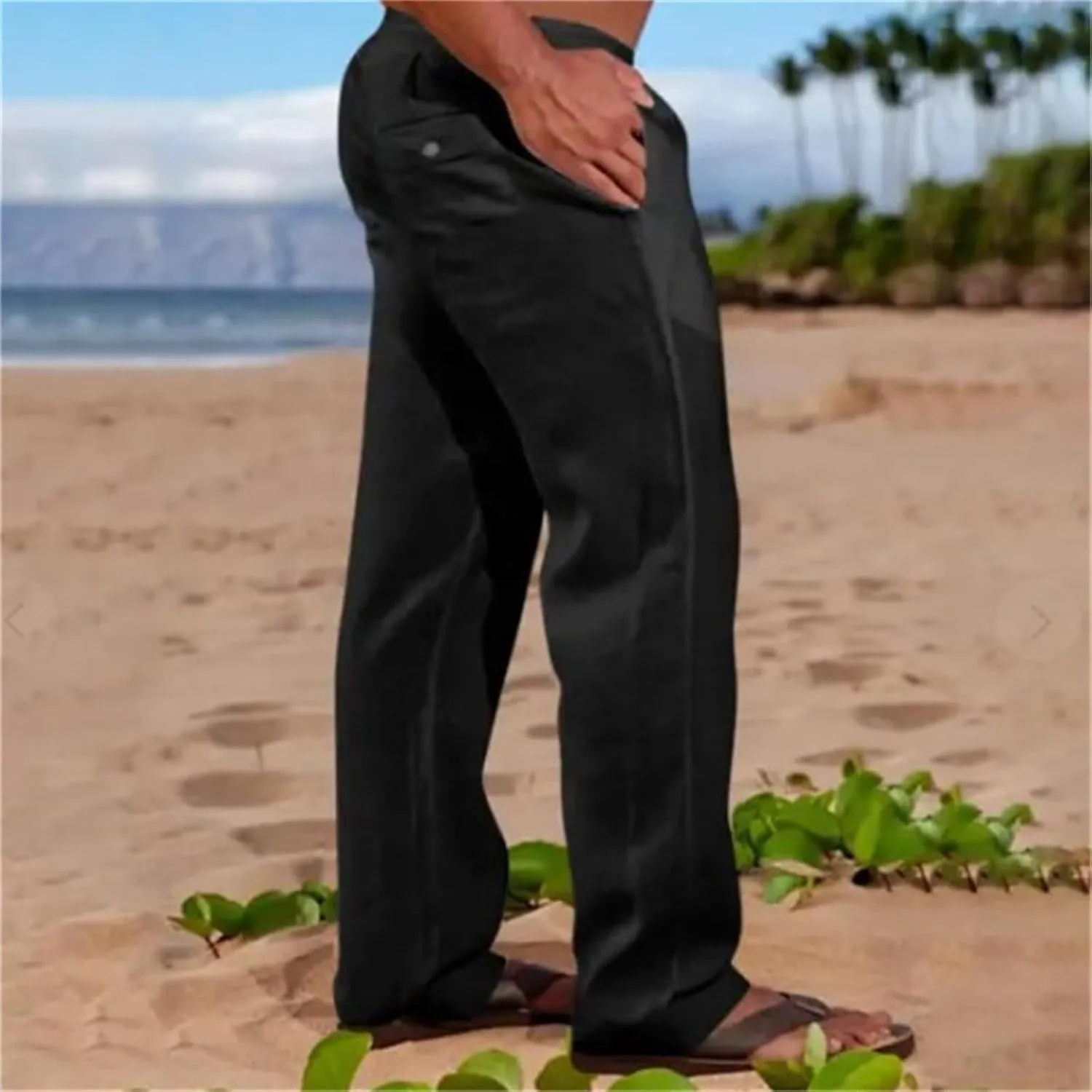 evzosrz Mens Casual Pants Loose Fit Elastic Waist Lightweight Drawstring Straight Pant Beach Yoga Fall Solid Trousers