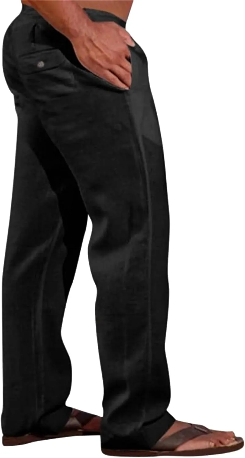 evzosrz Mens Casual Pants Loose Fit Elastic Waist Lightweight Drawstring Straight Pant Beach Yoga Fall Solid Trousers