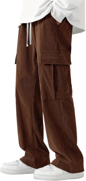 evzosrz Men's Loose Fit Cargo Pants, Casual Corduroy Sweatpant Elastic Waist Wide Leg Trousers Running Baggy Straight Pants