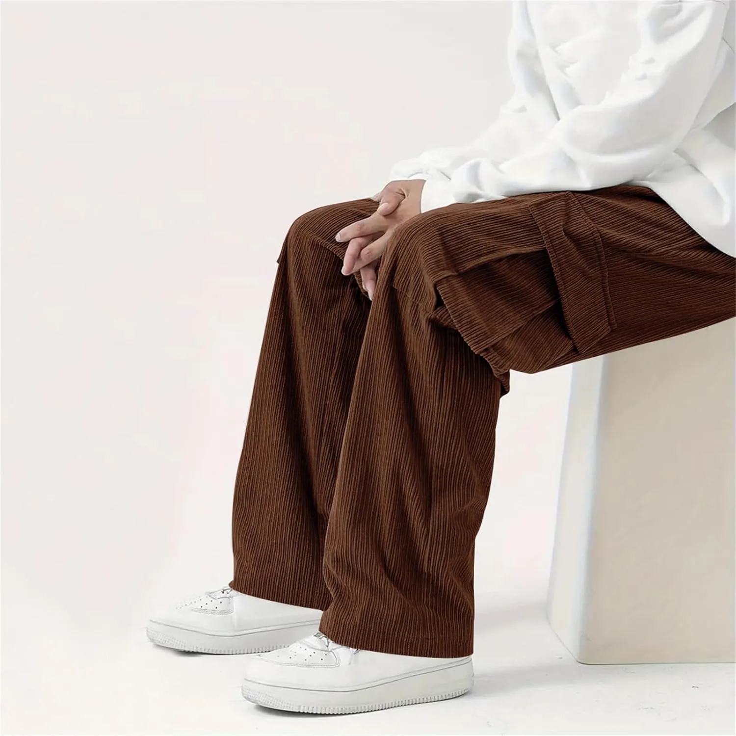 evzosrz Men's Loose Fit Cargo Pants, Casual Corduroy Sweatpant Elastic Waist Wide Leg Trousers Running Baggy Straight Pants