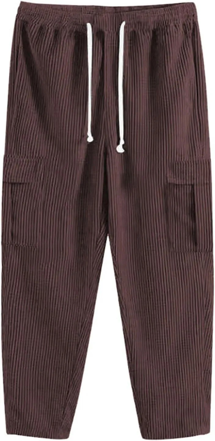 evzosrz Men's Loose Fit Cargo Pants, Casual Corduroy Sweatpant Elastic Waist Wide Leg Trousers Running Baggy Straight Pants