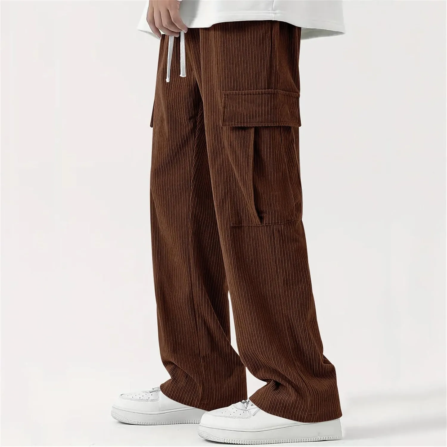 evzosrz Men's Loose Fit Cargo Pants, Casual Corduroy Sweatpant Elastic Waist Wide Leg Trousers Running Baggy Straight Pants