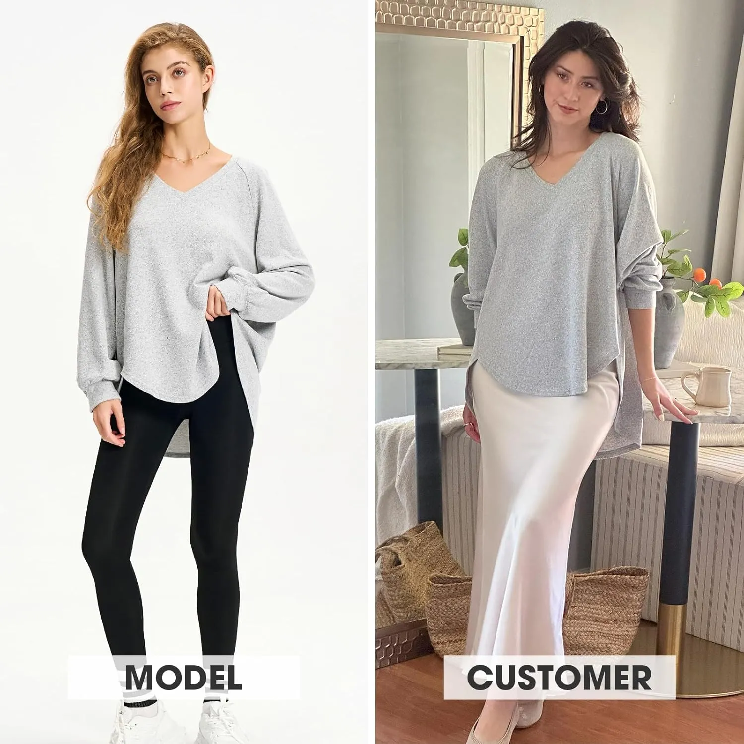 EXLURA Womens Spring Oversized V Neck Tunic Tops 2025 Casual Long Sleeve Shirts Lightweight Soft Sweater Curved Hem T Shirts