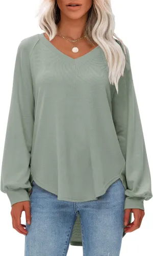 EXLURA Womens Spring Oversized V Neck Tunic Tops 2025 Casual Long Sleeve Shirts Lightweight Soft Sweater Curved Hem T Shirts