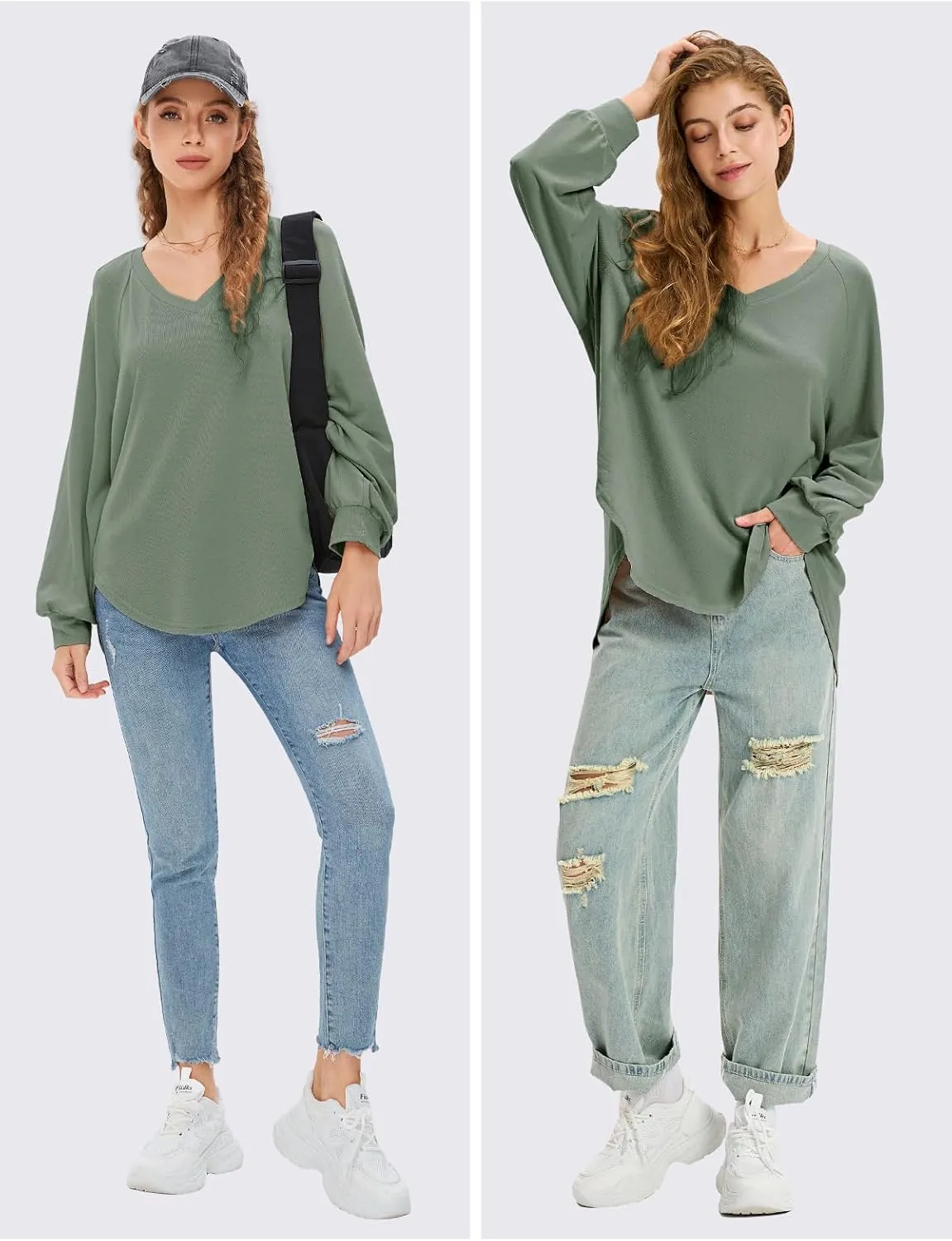 EXLURA Womens Spring Oversized V Neck Tunic Tops 2025 Casual Long Sleeve Shirts Lightweight Soft Sweater Curved Hem T Shirts