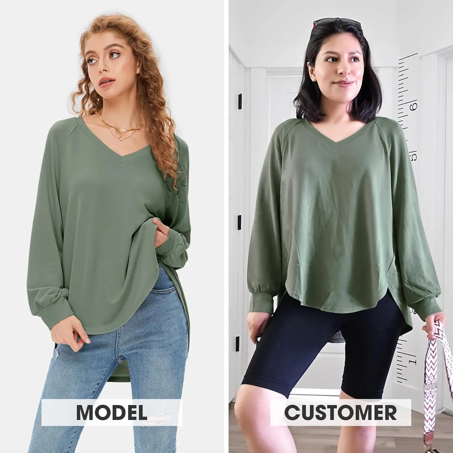 EXLURA Womens Spring Oversized V Neck Tunic Tops 2025 Casual Long Sleeve Shirts Lightweight Soft Sweater Curved Hem T Shirts