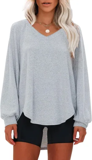EXLURA Womens Spring Oversized V Neck Tunic Tops 2025 Casual Long Sleeve Shirts Lightweight Soft Sweater Curved Hem T Shirts