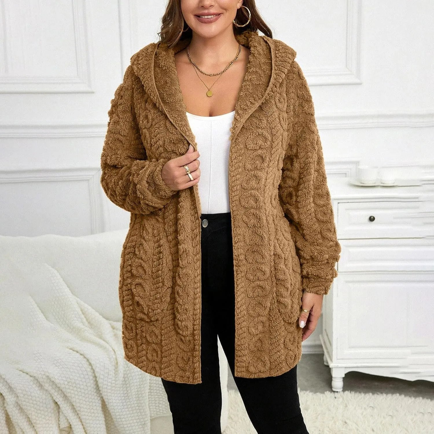 Fleece Jacket Women Sherpa Fuzzy Hoodie Jackets Fleece Lined Cardigan Jacket Winter Warm Casual Trendy Outerwear Coat