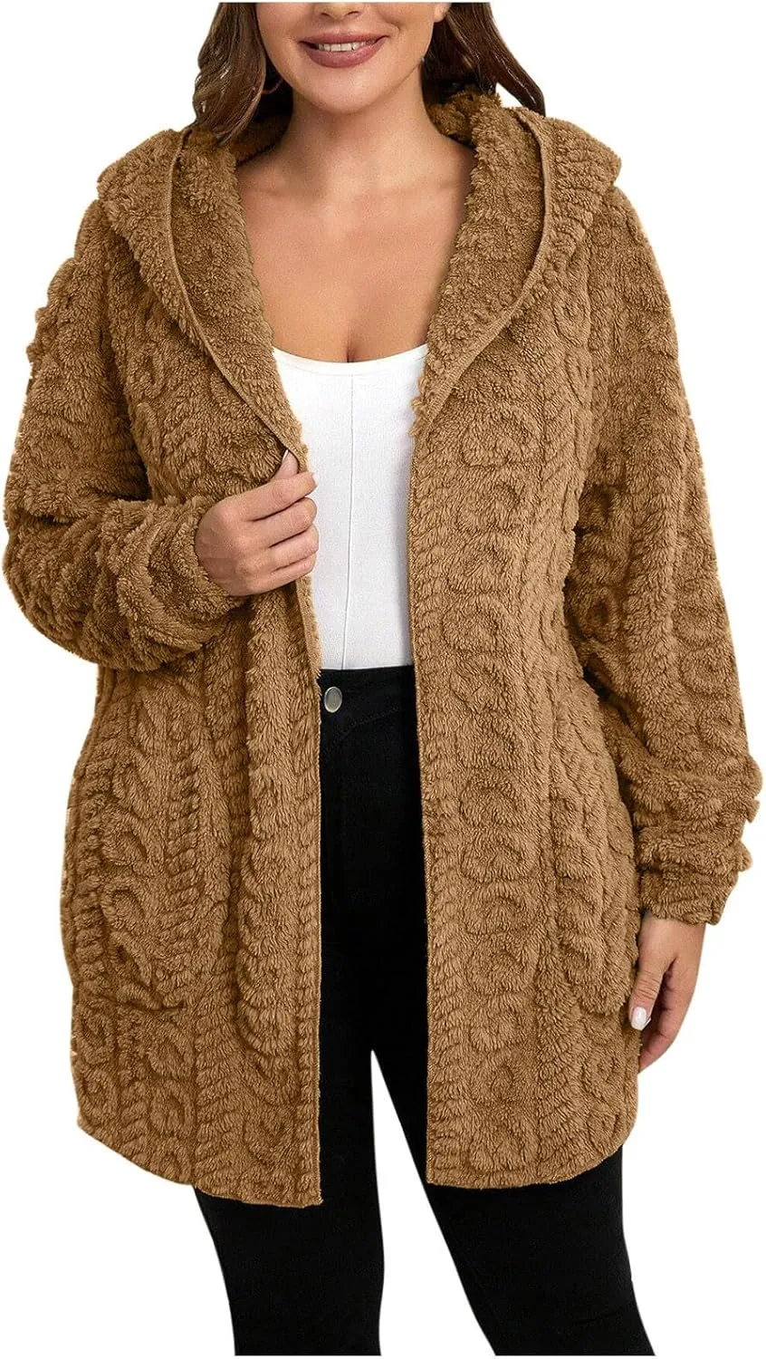 Fleece Jacket Women Sherpa Fuzzy Hoodie Jackets Fleece Lined Cardigan Jacket Winter Warm Casual Trendy Outerwear Coat