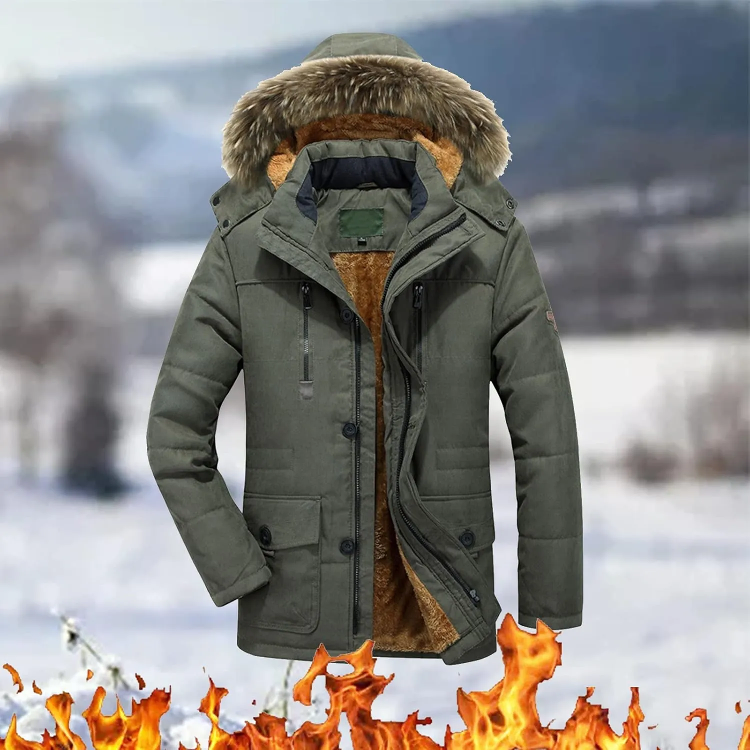 Fleece Lined for Men Solid Fur Collar Full Zip Tactical Military Hunting Jacket with Pockets Winter Warm Outwears