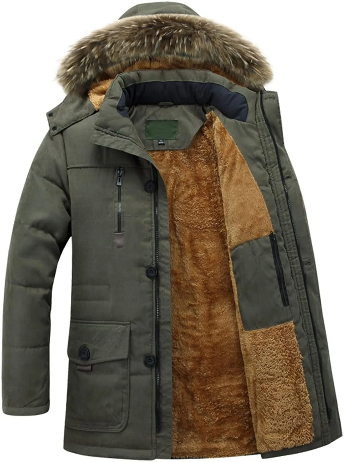 Fleece Lined for Men Solid Fur Collar Full Zip Tactical Military Hunting Jacket with Pockets Winter Warm Outwears