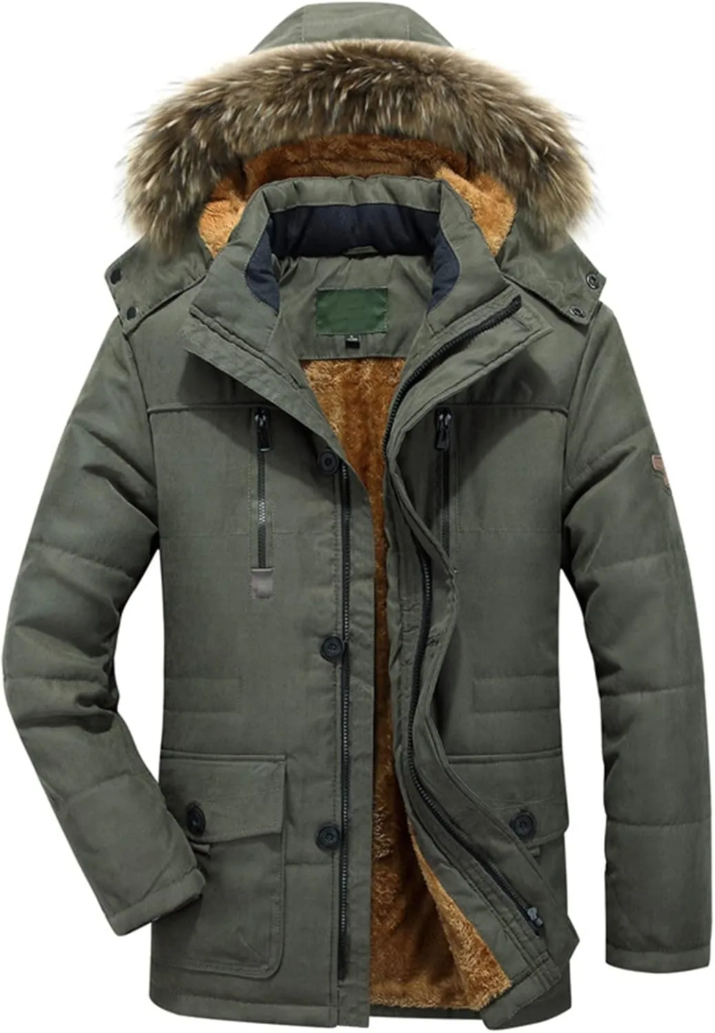 Fleece Lined for Men Solid Fur Collar Full Zip Tactical Military Hunting Jacket with Pockets Winter Warm Outwears