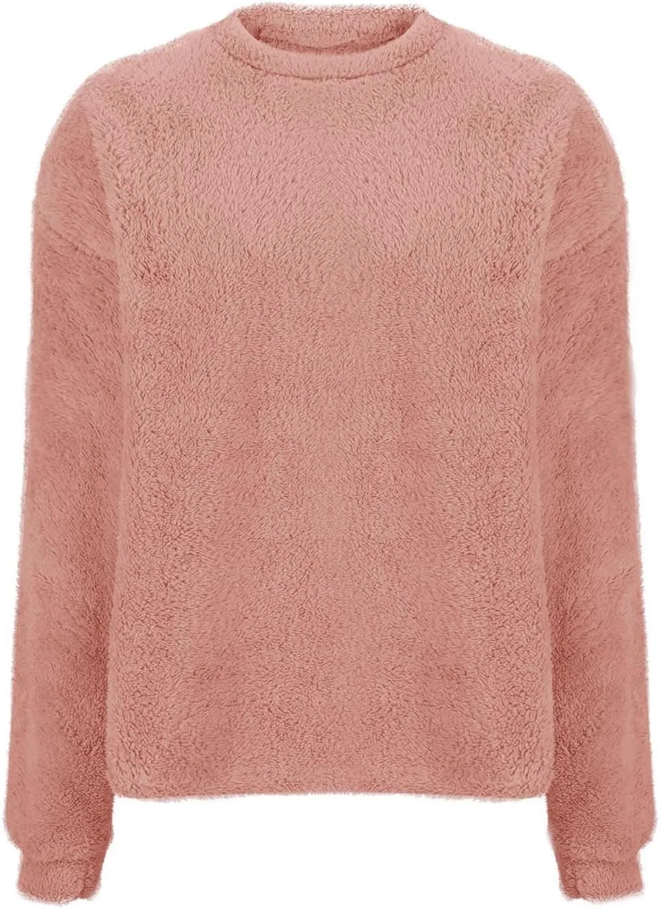 Fleece Sweatshirt For Women Soft Warm Casual Crewneck Long Sleeve Fuzzy Pullover Winter Comfy Solid Color Sherpa Tops