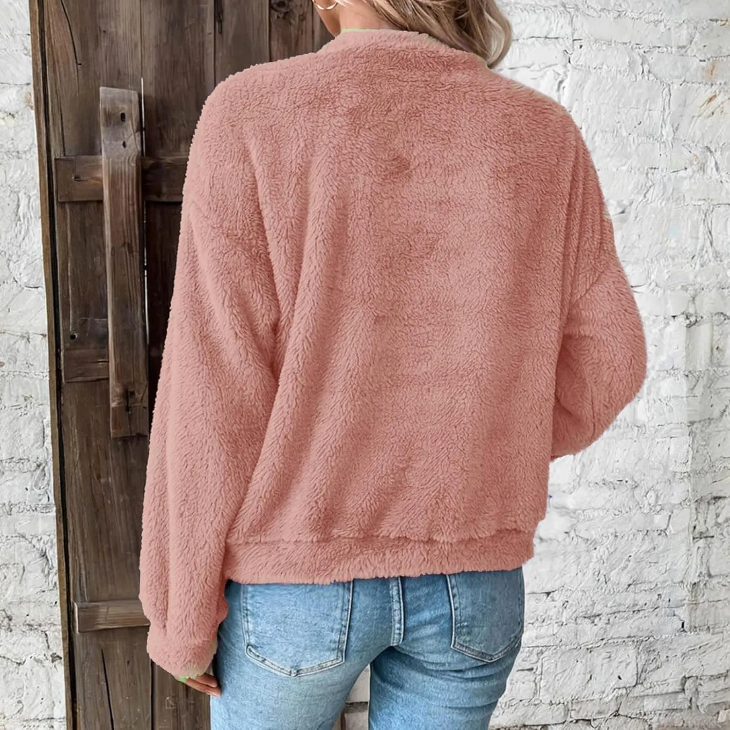 Fleece Sweatshirt For Women Soft Warm Casual Crewneck Long Sleeve Fuzzy Pullover Winter Comfy Solid Color Sherpa Tops