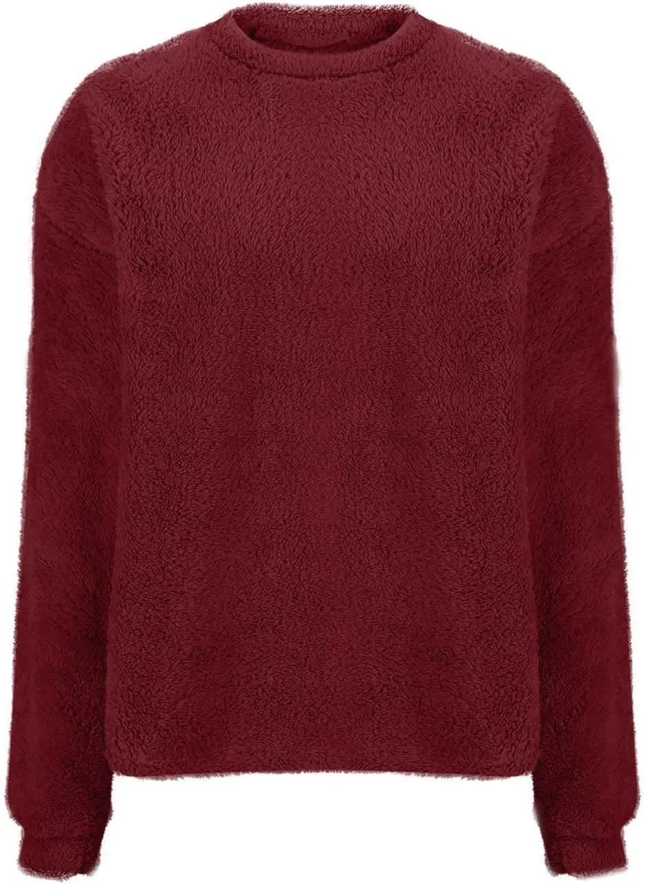 Fleece Sweatshirt For Women Soft Warm Casual Crewneck Long Sleeve Fuzzy Pullover Winter Comfy Solid Color Sherpa Tops