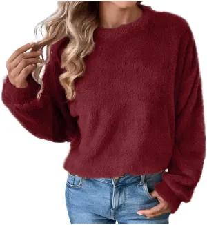 Fleece Sweatshirt For Women Soft Warm Casual Crewneck Long Sleeve Fuzzy Pullover Winter Comfy Solid Color Sherpa Tops