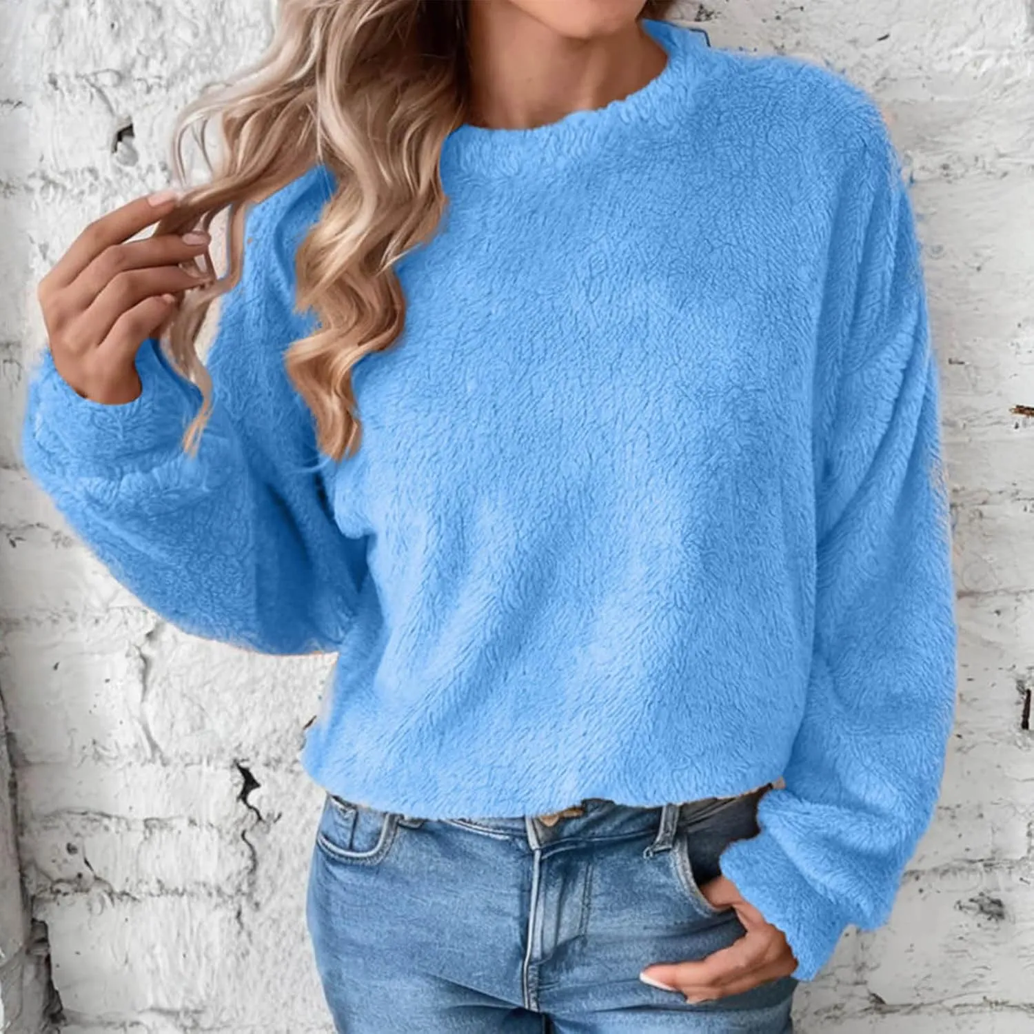 Fleece Sweatshirt For Women Soft Warm Casual Crewneck Long Sleeve Fuzzy Pullover Winter Comfy Solid Color Sherpa Tops