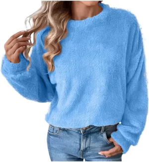 Fleece Sweatshirt For Women Soft Warm Casual Crewneck Long Sleeve Fuzzy Pullover Winter Comfy Solid Color Sherpa Tops